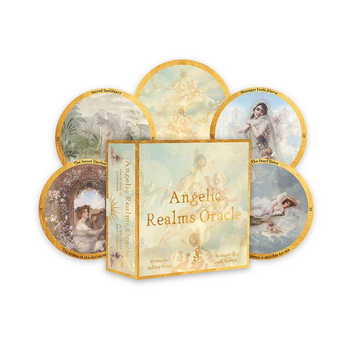 Angelic Realms Oracle card set by Ashley Frost with round oracle cards and a box on a white background