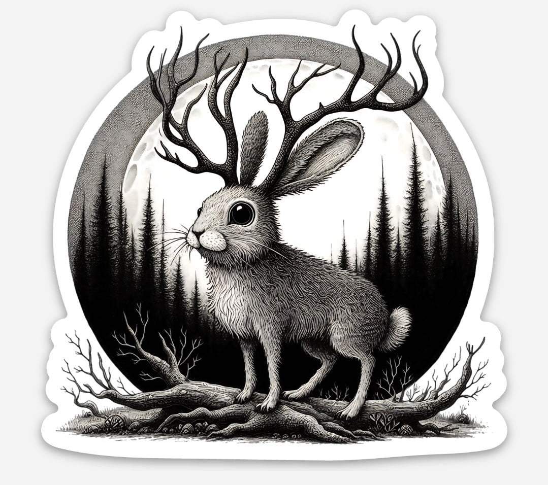 Jackalope sticker in an edward gorey style black and white