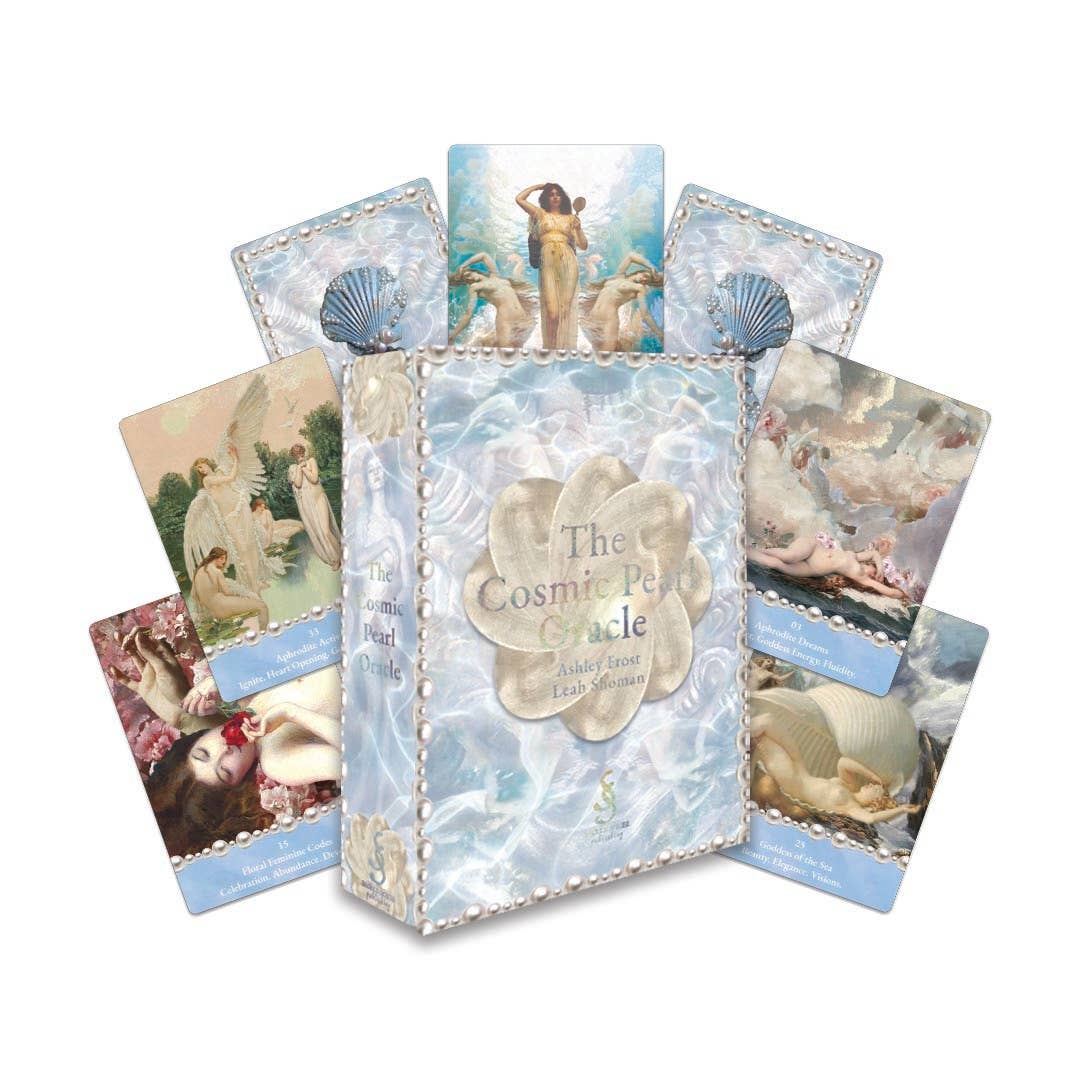 Card deck titled 'The Cosmic Pearl Oracle' by Ashley Frost with images of people and nature on a white background