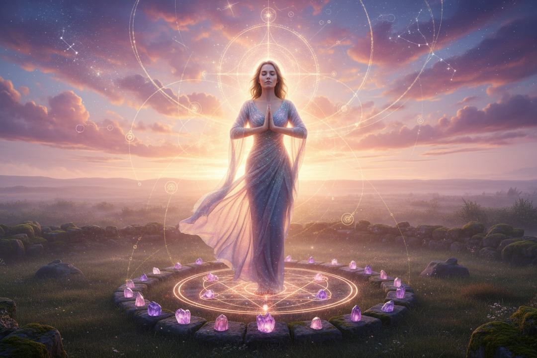Image of woman standing in metatron's cube welcoming a sunrise Healing Winds Emporium