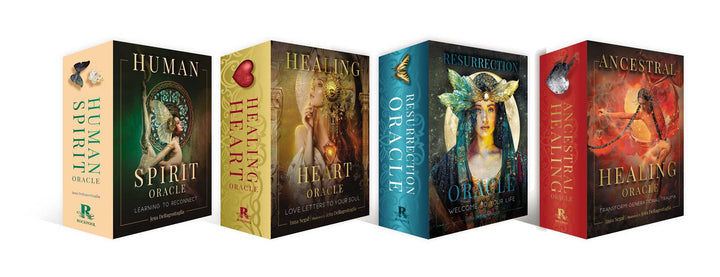 Set of five Oracle card boxes with colorful designs and titles on a white background