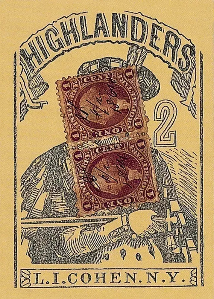 1864 Highlanders Poker Deck box reproduction showing original Civil War era government tax stamp with two 1-cent revenue stamps hand-cancelled June 2, 1864, published by L.I. Cohen, N.Y.