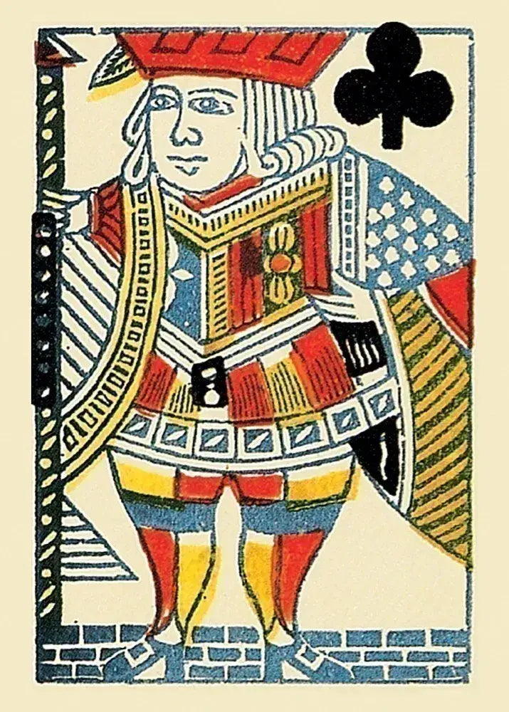 1864 Poker Deck — Jack of Clubs single-ended full-length court card featuring a standing jack in red, blue, gold, and black medieval costume holding a staff, in period-accurate Civil War era illustration style