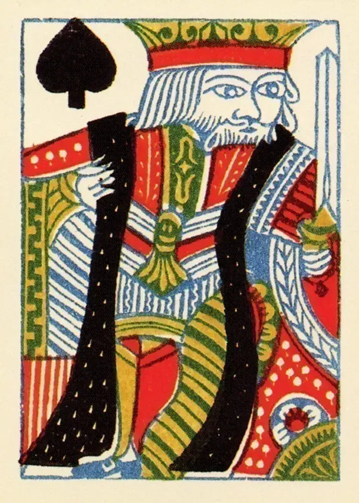 1864 Poker Deck — King of Spades single-ended full-length court card featuring a crowned king in red, green, gold, and black robes with a sword, in period-accurate Civil War era illustration style