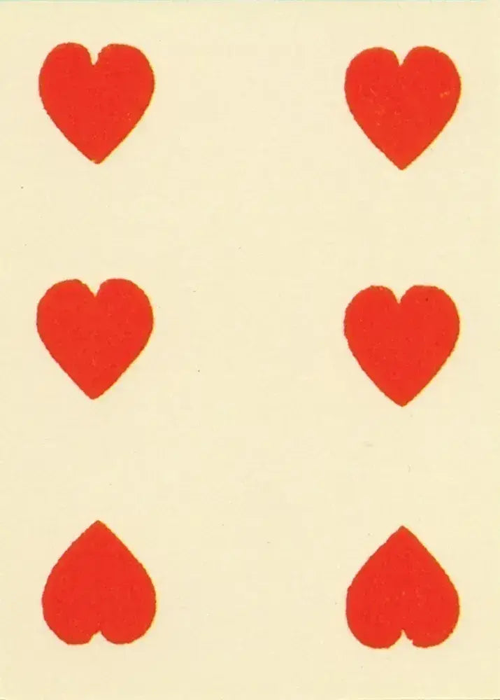 1864 Poker Deck — Six of Hearts card showing six large red hearts in period-accurate single-ended format with square corners on an ivory background, faithful Civil War era reproduction