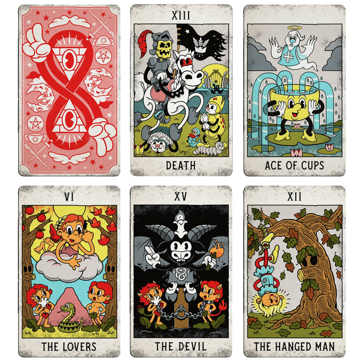 78-card vintage cartoon Mystical Medleys tarot deck spread showing 1930s animation style inspired by Betty Boop and Steamboat Willie