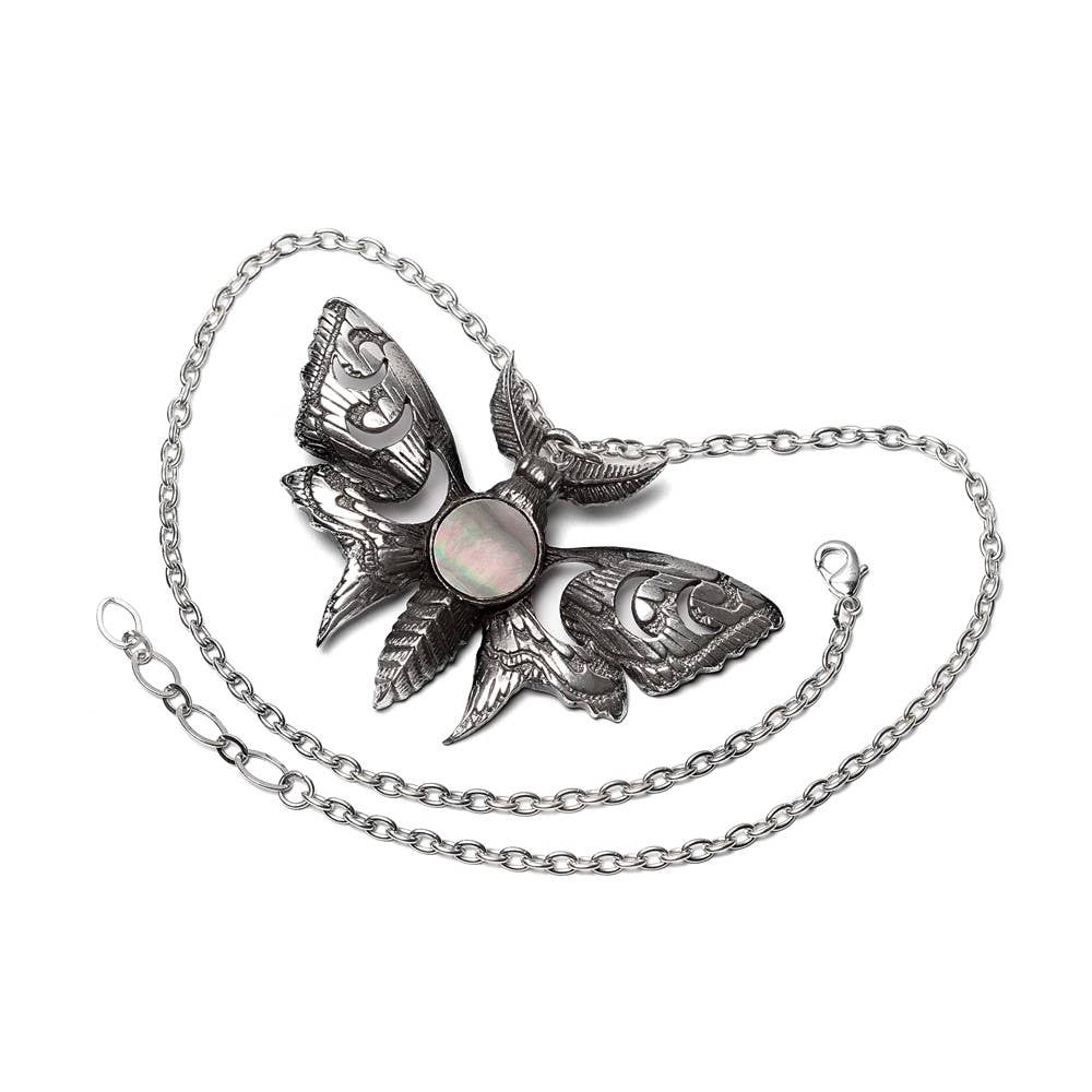 Lunar Moth Necklace - Moon Phase Pendant with Mother of Pearl in Pewter