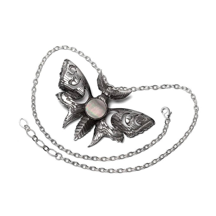 Lunar Moth Necklace - Moon Phase Pendant with Mother of Pearl in Pewter