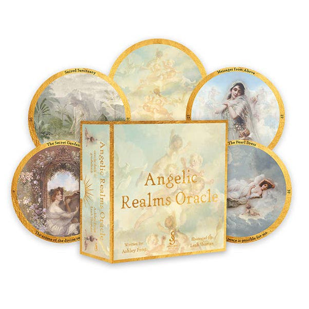 Angelic Realms Oracle card set by Ashley Frost with round oracle cards and a box on a white background