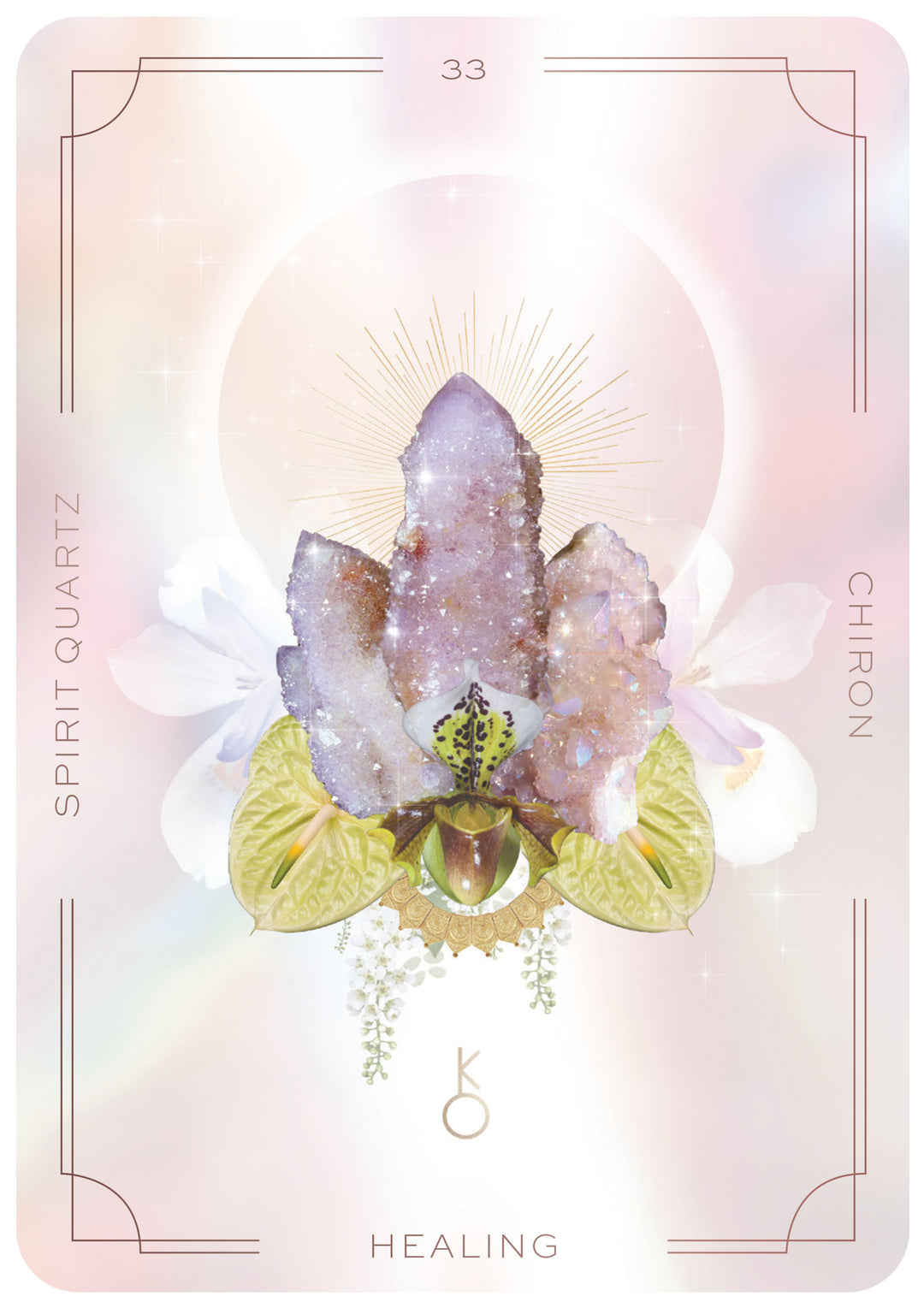 Astral Realms Crystal Oracle card close-up showing of Spirit Quartz with symbolic celestial and crystal imagery