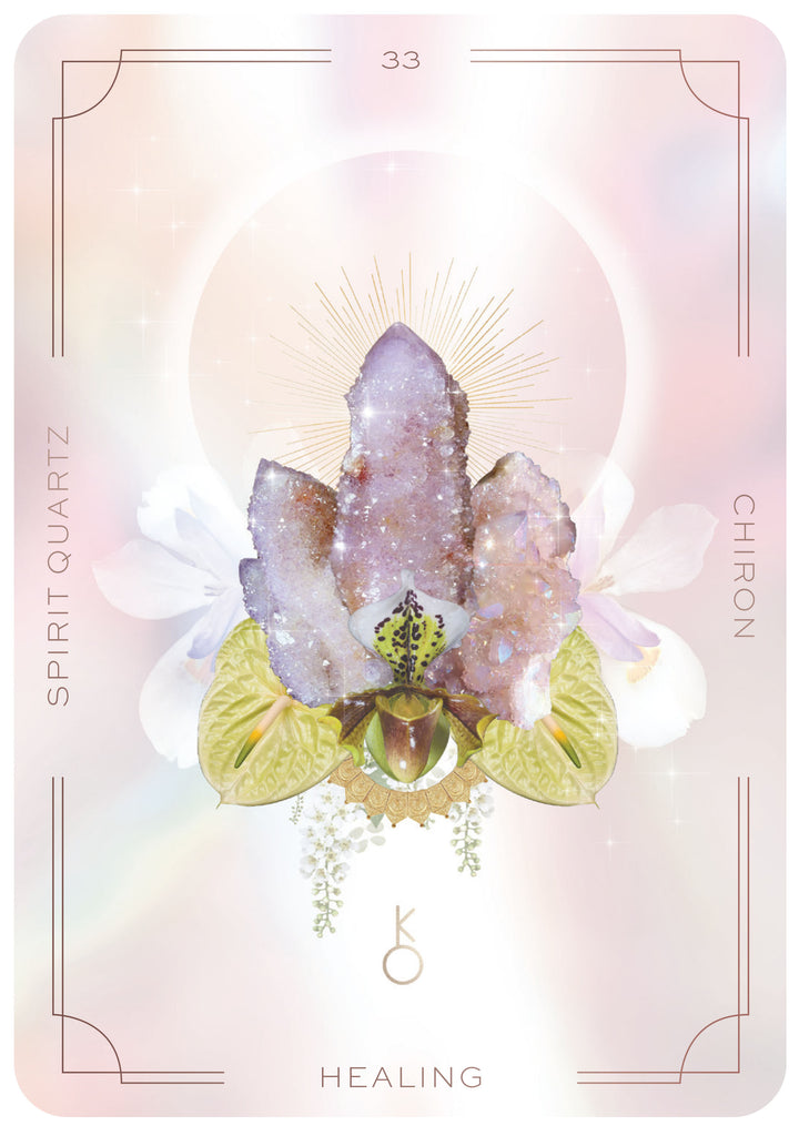 Astral Realms Crystal Oracle card close-up showing of Spirit Quartz with symbolic celestial and crystal imagery
