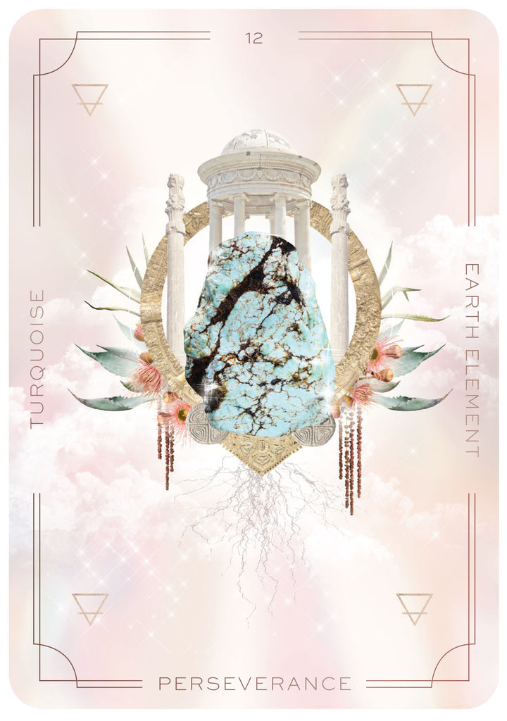 Astral Realms Crystal Oracle card close-up of Turquoise showing symbolic celestial and crystal imagery