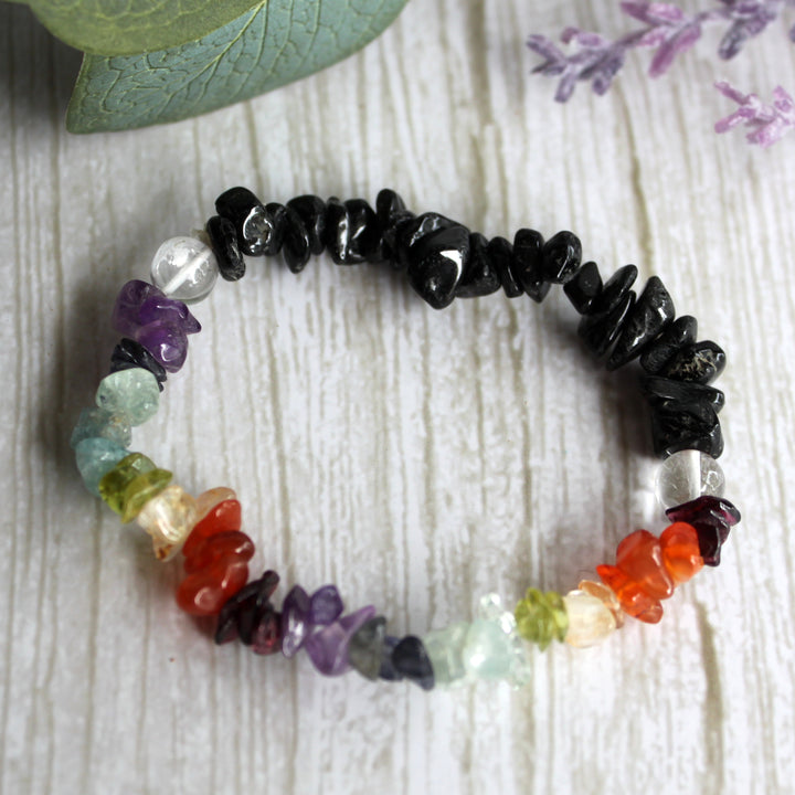 Black Tourmaline &amp; 7 Chakra Chip Bracelet - Natural Gemstone Protection &amp; Balance
