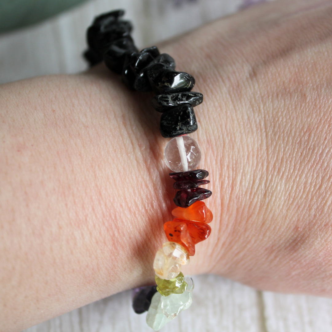 Black Tourmaline &amp; 7 Chakra Chip Bracelet - Natural Gemstone Protection &amp; Balance