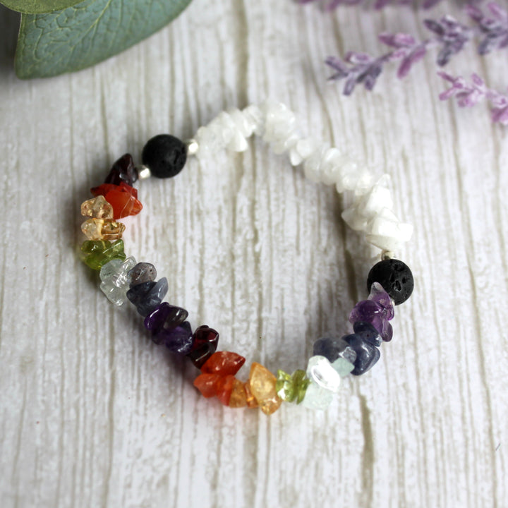 7 Chakra Rainbow Moonstone Bracelet - Natural Gemstone Chip Bracelet for Balance &amp; Intuition