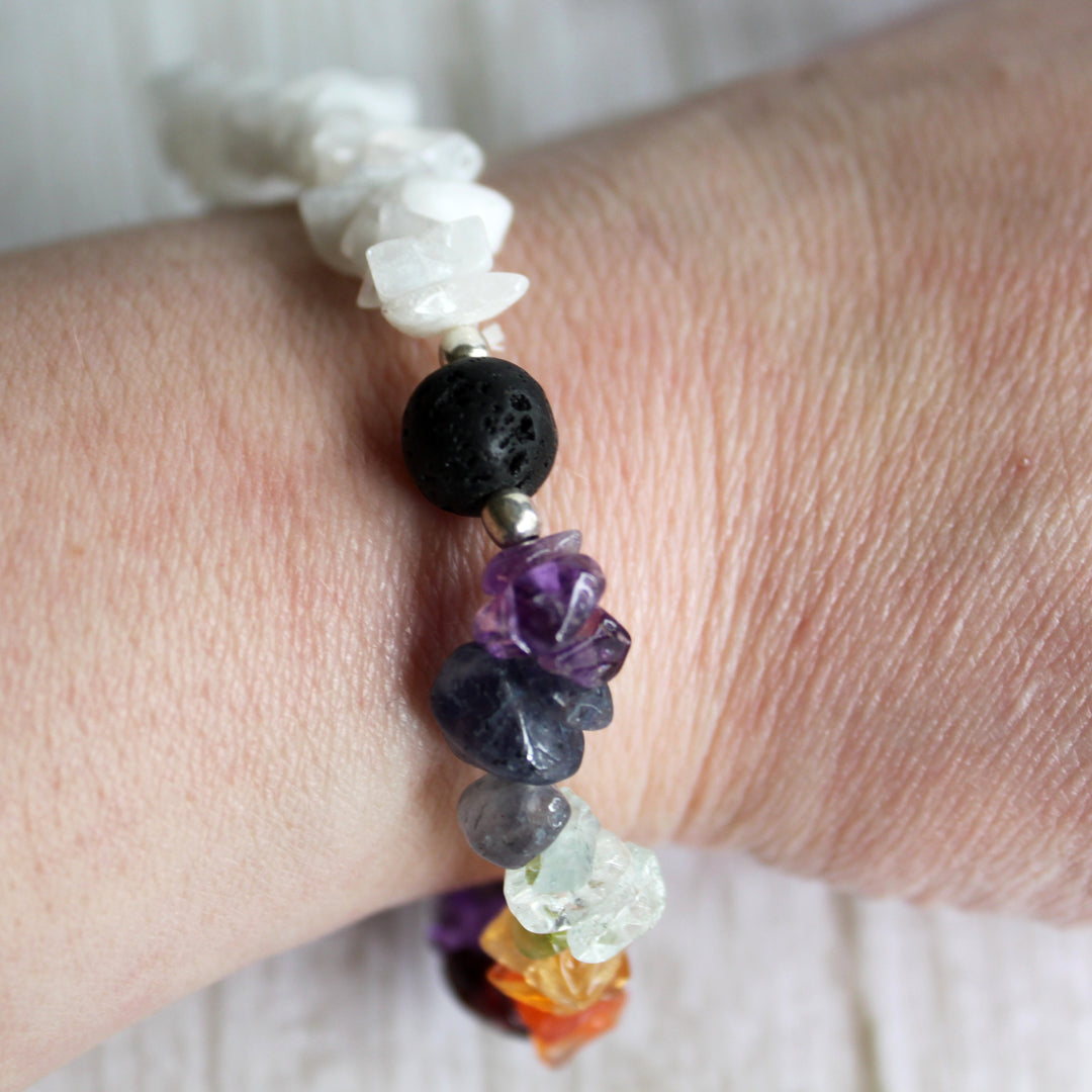 7 Chakra Rainbow Moonstone Bracelet - Natural Gemstone Chip Bracelet for Balance &amp; Intuition