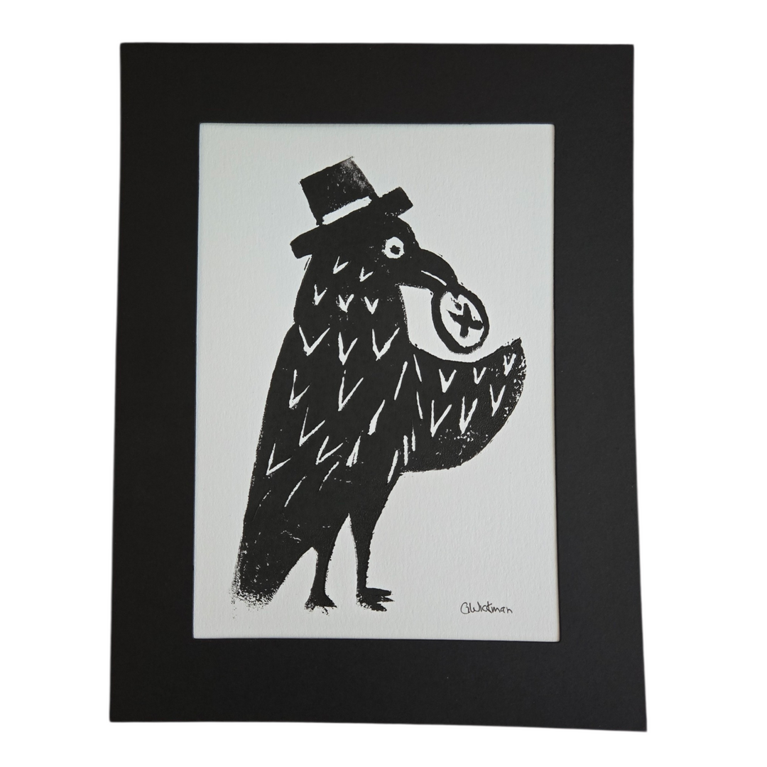 Corwin the Crow Handprinted Linocut