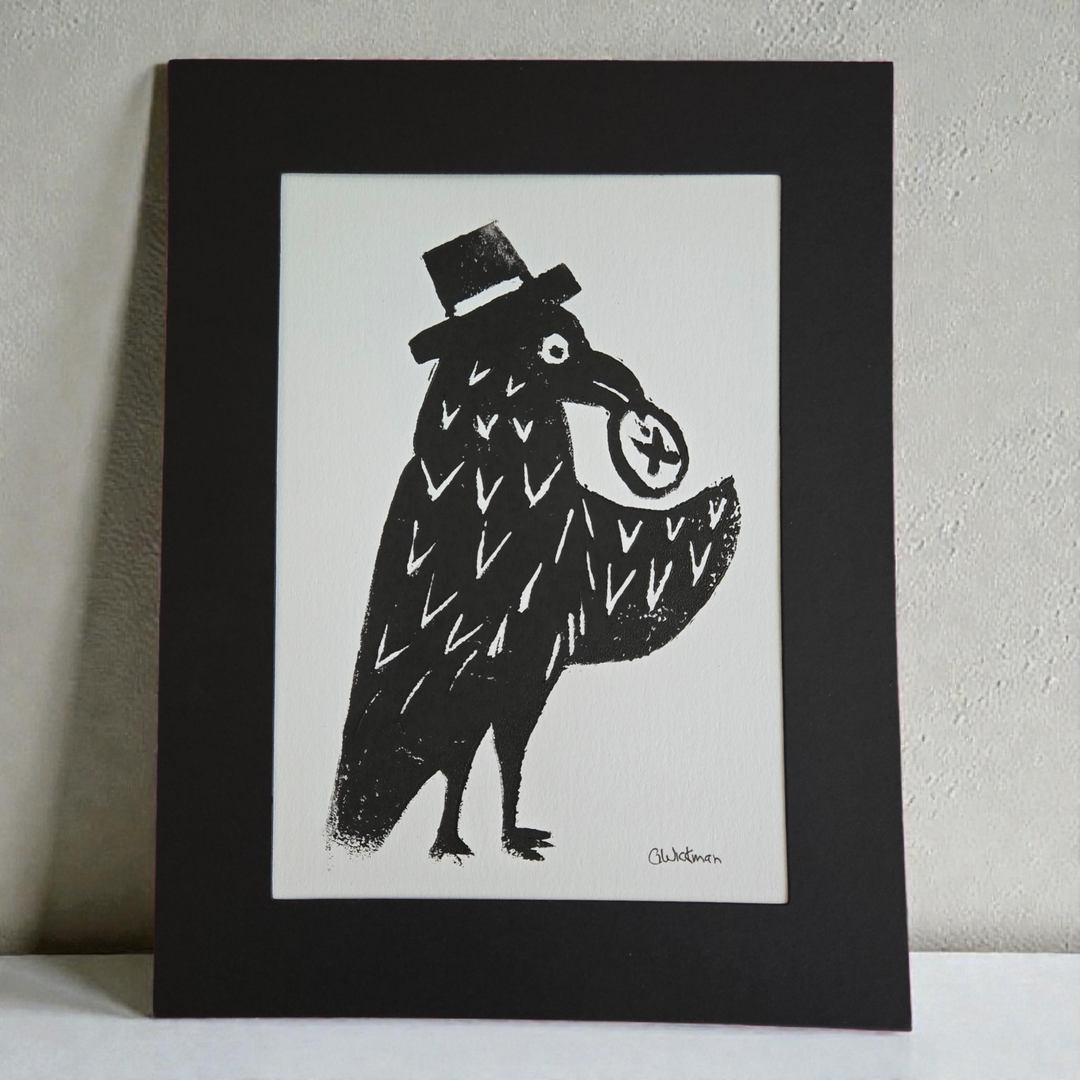 Corwin the Crow Handprinted Linocut