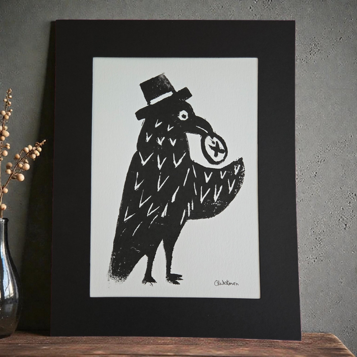 Corwin the Crow Handprinted Linocut