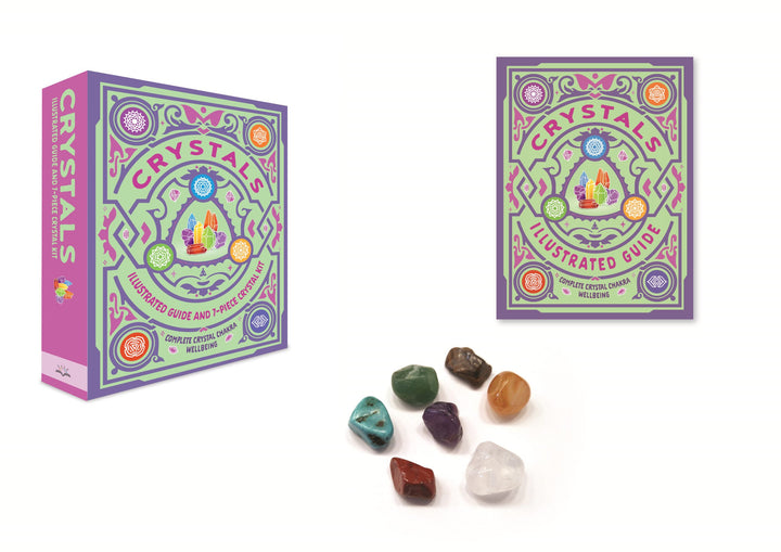Complete crystal healing kit showing 7 chakra stones and 64-page illustrated guidebook