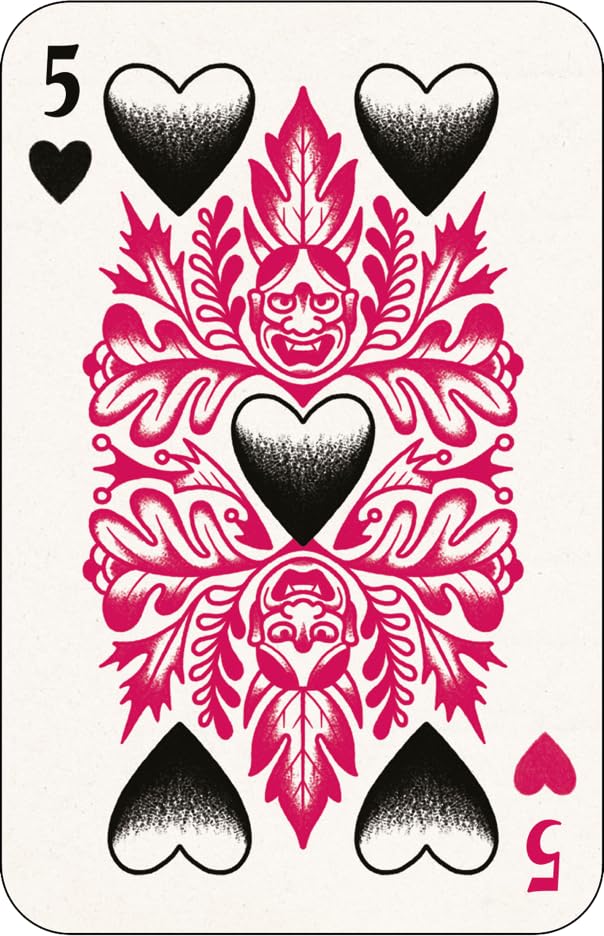Fortune Teller's Deck playing card close-up five of hearts showing Oliver Munden's distinctive artwork design