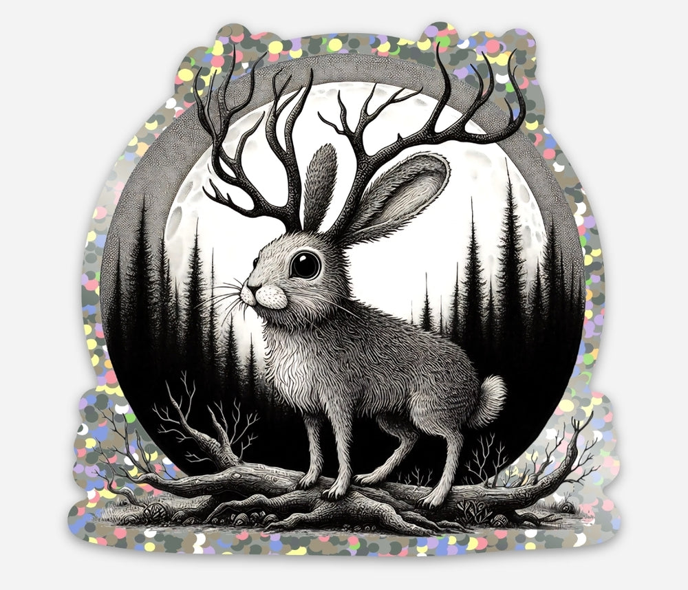 black and white jackalope illustration on glitter sticker