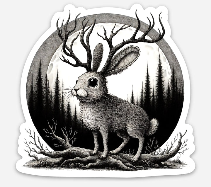 Jackalope sticker in an edward gorey style black and white