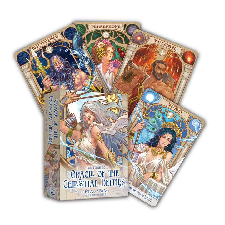 A collection of beautifully illustrated tarot cards featuring characters derived from Greek and Roman mythology, titled 'Oracle of the Celestial Deities' by Letao Wang.