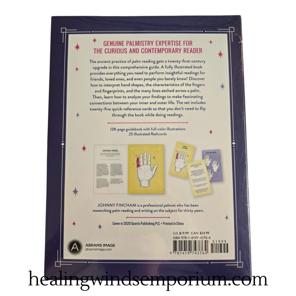 Modern Palm Reader kit back of box contents showing 128-page illustrated guidebook and 25 palm reading flashcards