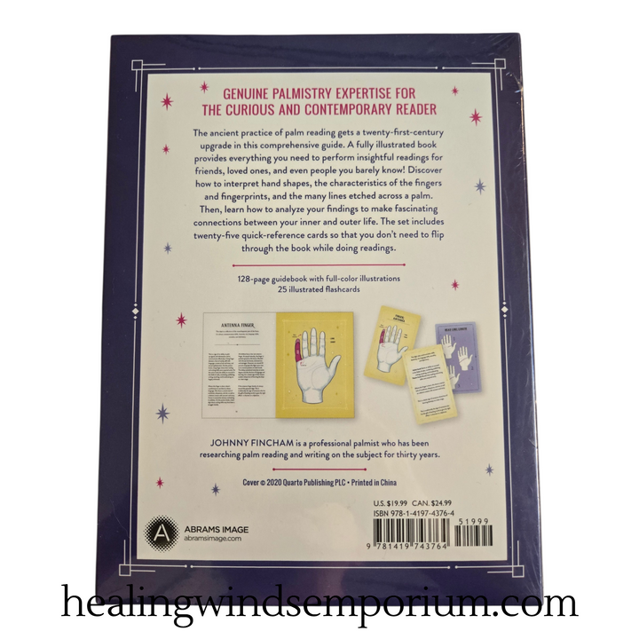 Modern Palm Reader kit back of box contents showing 128-page illustrated guidebook and 25 palm reading flashcards