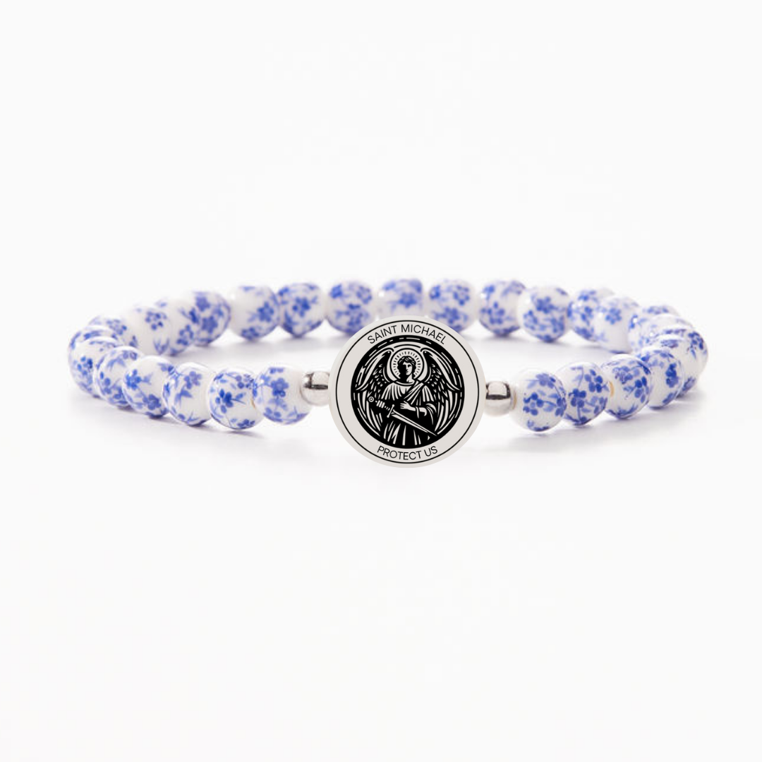 St. Michael Holy Water Bracelet - Authentic Lourdes Water, Porcelain Beads