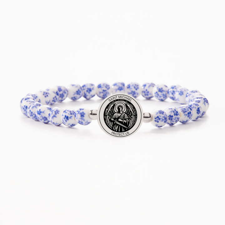 St. Michael Holy Water Bracelet - Authentic Lourdes Water, Porcelain Beads