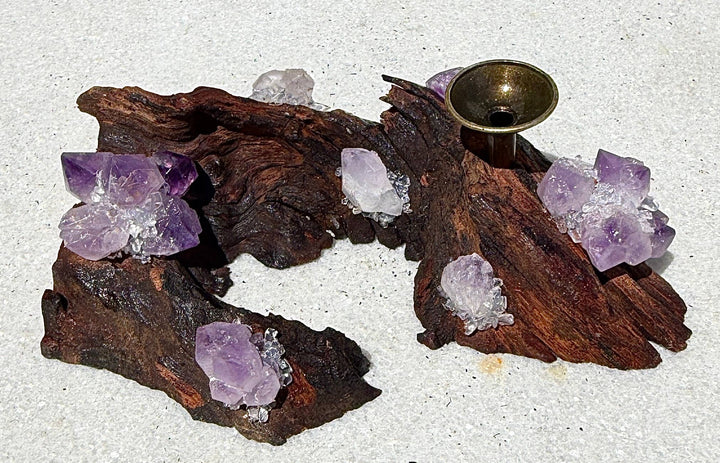 One natural amethyst driftwood incense holder with brass metal cup showing raw amethyst crystal clusters on rustic wood