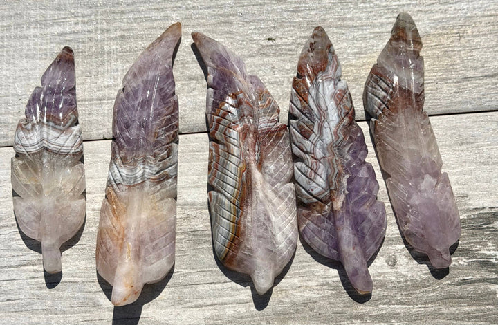 Five amethyst lace agate feather carvings displayed on a rustic wood surface in natural sunlight, showing warm purple and rust banding detail
