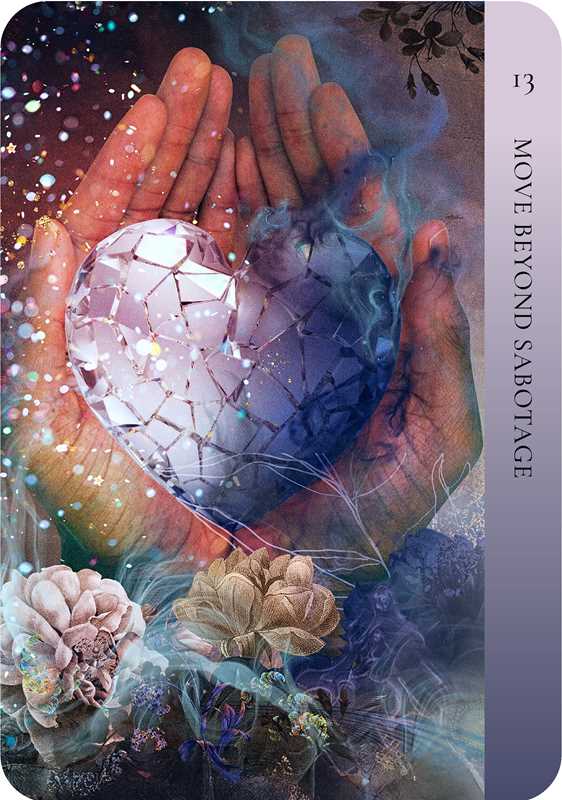 Detailed view of gilded Ancestral Healing Oracle card 13 Move Beyond Sabotage showing lush artwork and gold edges