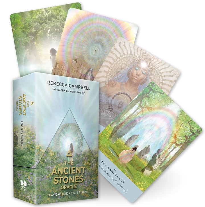 The Ancient Stones Oracle by Rebecca Campbell — box with 44 oracle cards fanned out, ancestral healing oracle deck
