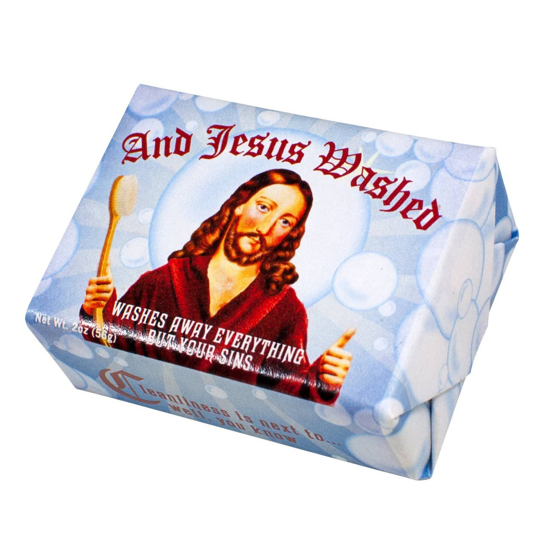 And Jesus Washed novelty soap bar in blue bubble packaging with Jesus illustration and washes away everything but your sins tagline