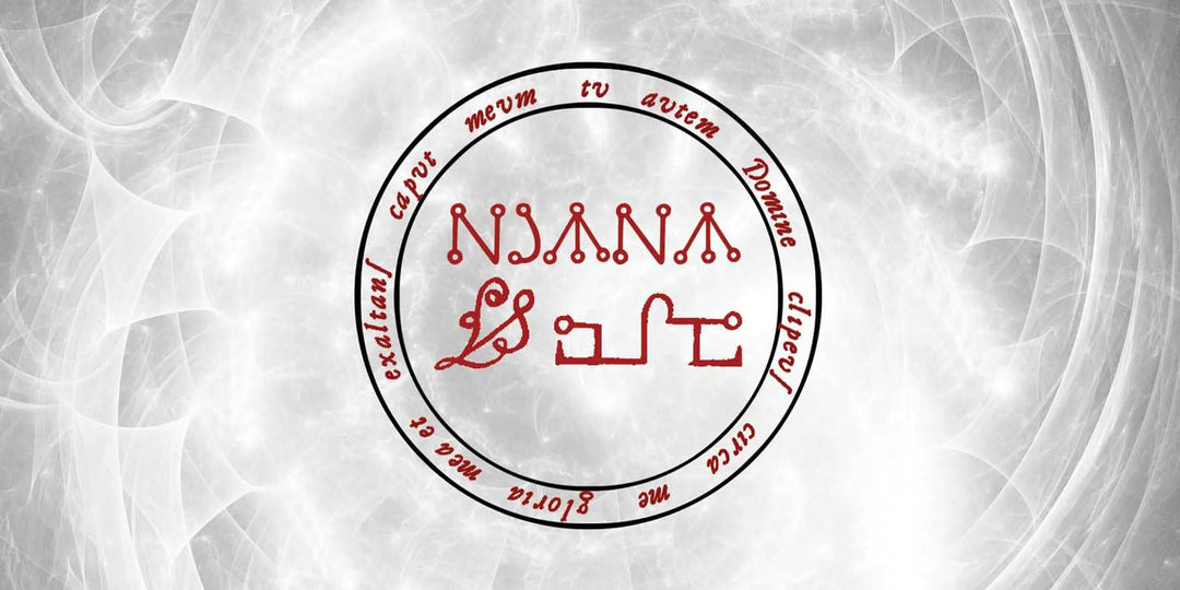 Kabbalistic angel sigil on the back of an Angel of the Day card — Shem HaMephorash sacred seal in red with Latin inscription