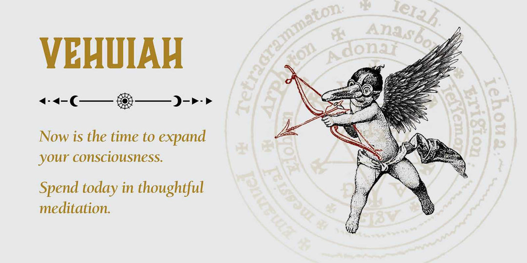 Angel of the Day sample card — Vehuiah angel "Now is the time to expand your consciousness. Spend today in thoughtful meditation" with Kabbalistic seal