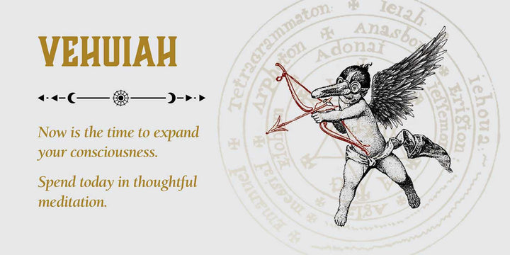 Angel of the Day sample card — Vehuiah angel "Now is the time to expand your consciousness. Spend today in thoughtful meditation" with Kabbalistic seal