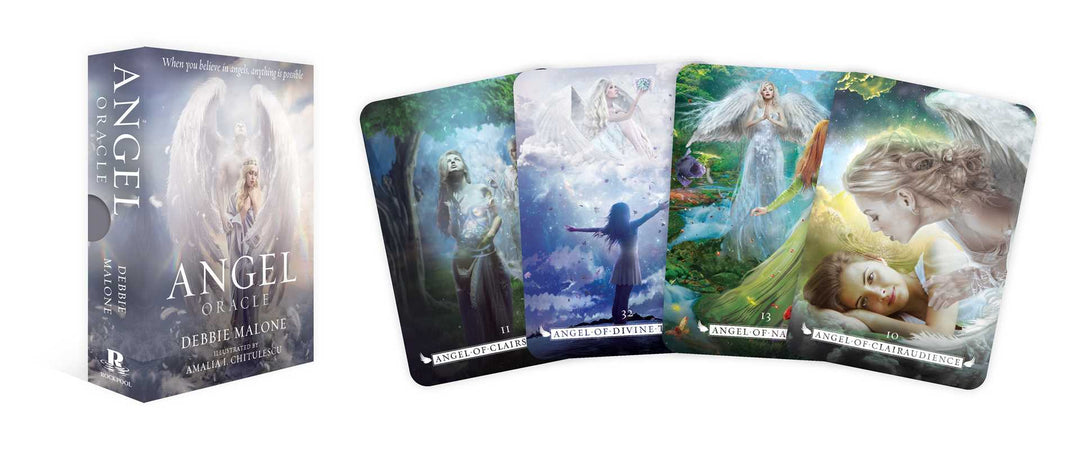 Angel Oracle deck box alongside four fanned cards including Angel of Clairaudience and Angel of Divine Truth by Debbie Malone