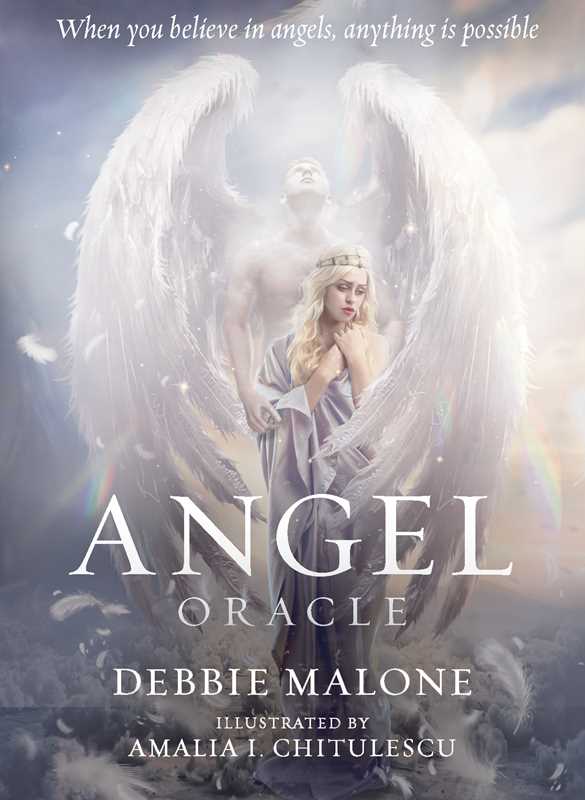 Angel Oracle by Debbie Malone cover art — ethereal blonde angel with large white wings and tagline "When you believe in angels, anything is possible"