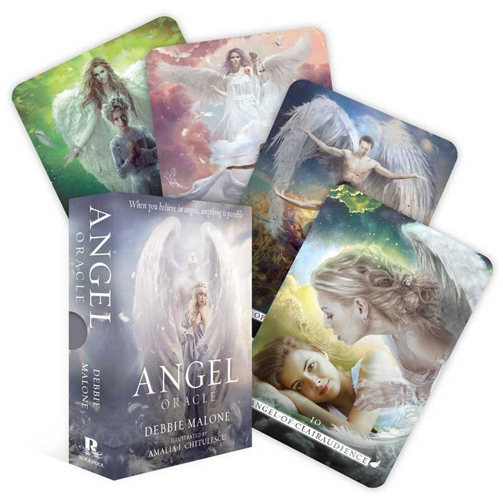 Angel Oracle card deck box and fanned sample cards by Debbie Malone, illustrated by Amalia I. Chitulescu