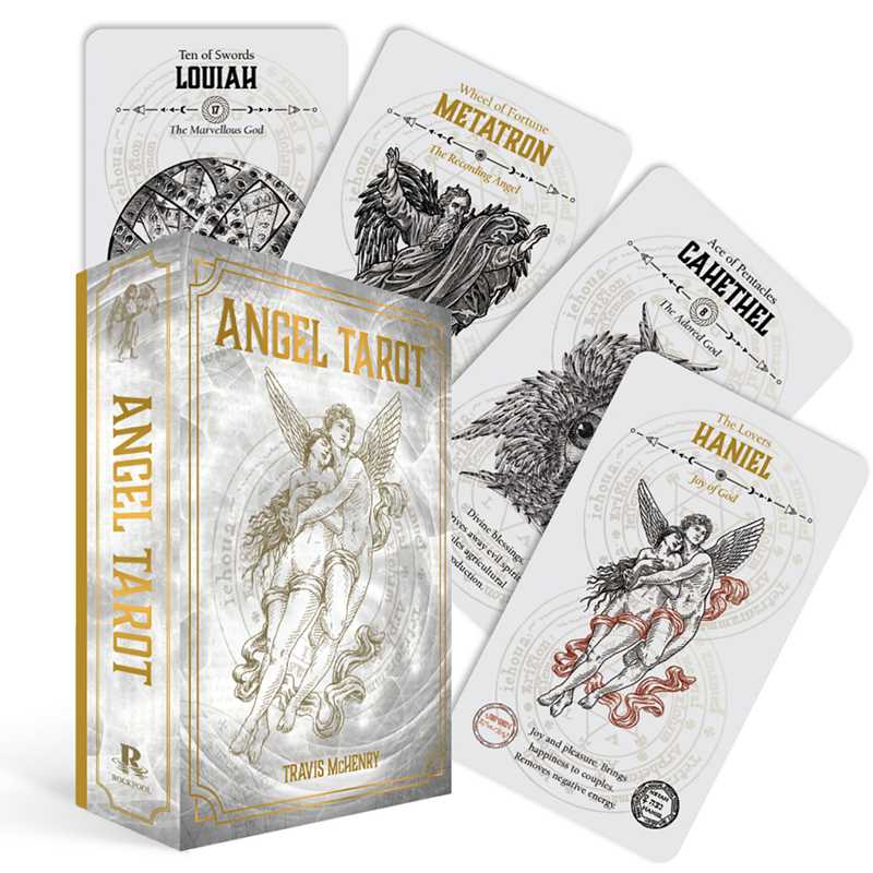 Angel Tarot deck box by Travis McHenry with fanned cards showing Louiah, Metatron, Cahethel and Haniel — gold foil design on white