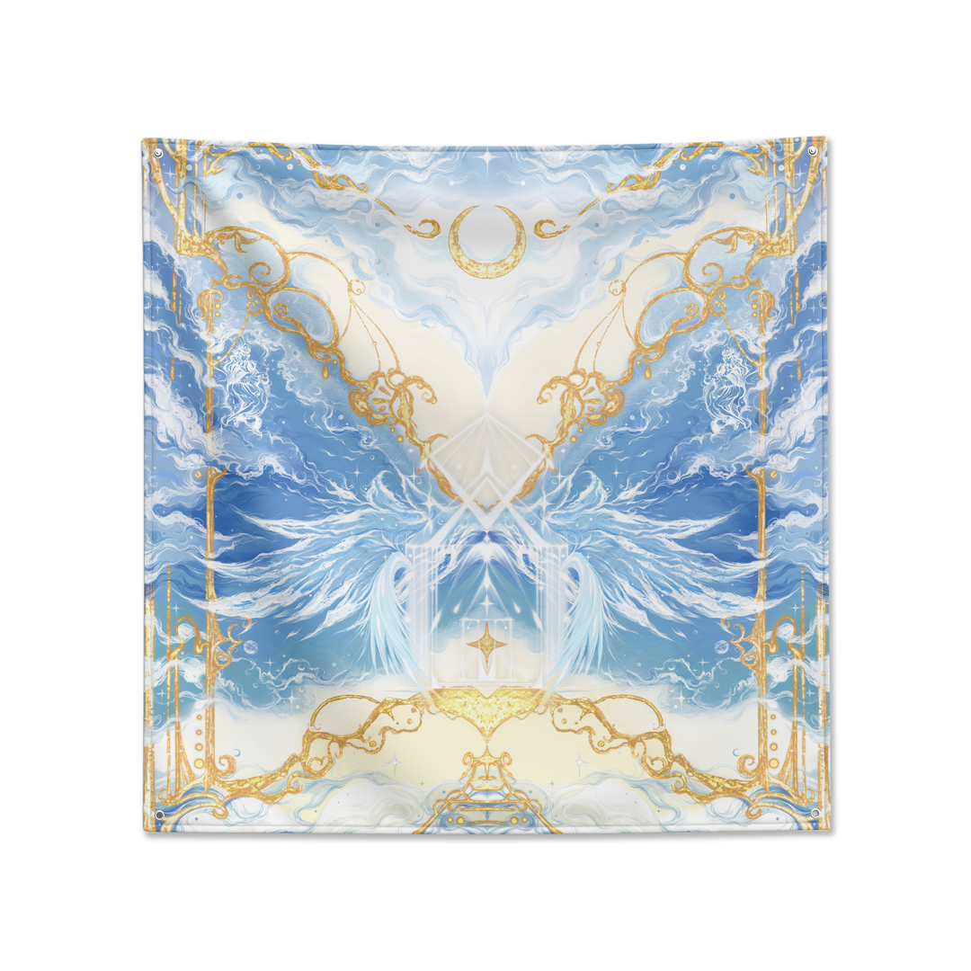 Angelic Tarot Cloth Arrival – premium velour reading mat with mirrored angel wings, crescent moon, and gold filigree border in soft blue, cream, and gold