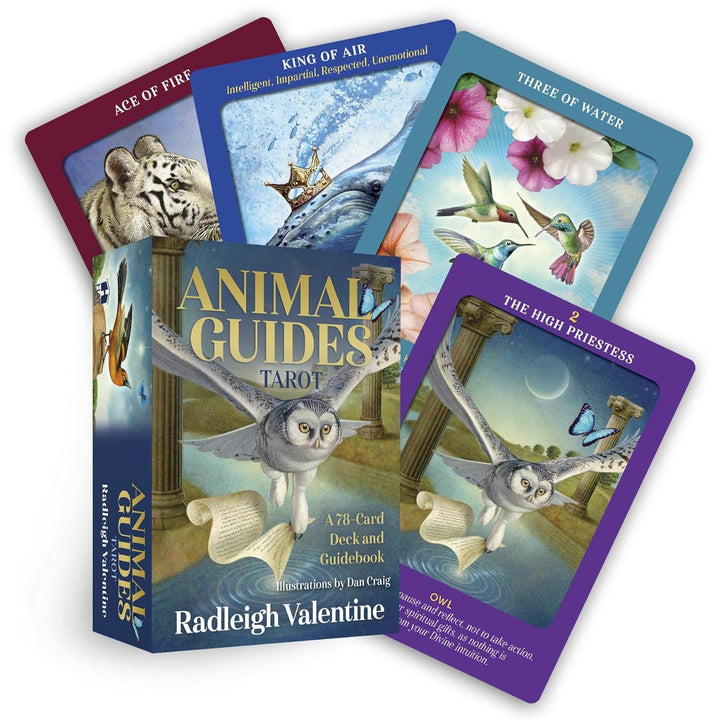 Animal Guides Tarot by Radleigh Valentine box with High Priestess, Ace of Fire, King of Air, and Three of Water cards.