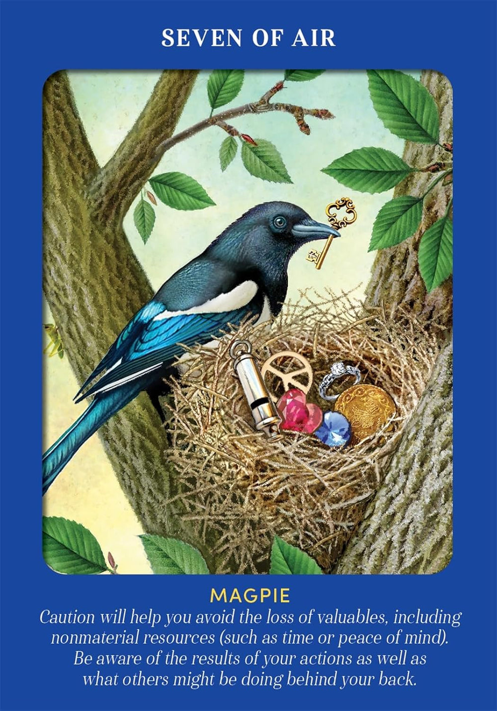 Seven of Air card from Animal Guides Tarot, showing a magpie holding a gold key beside a nest filled with treasures.