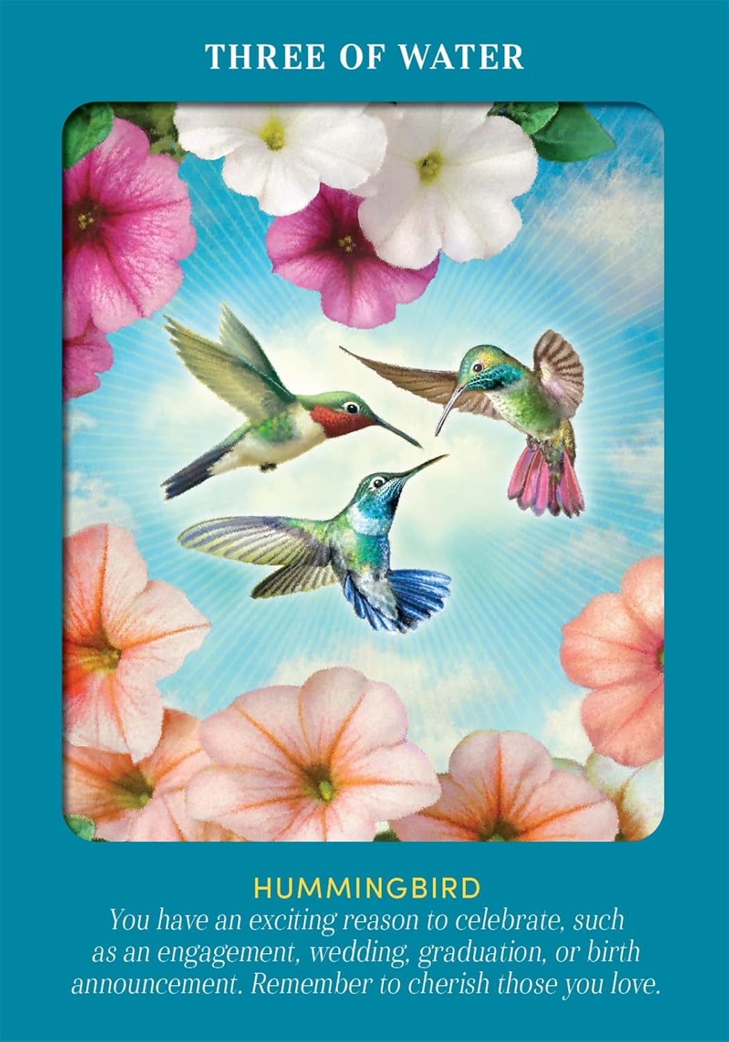 Three of Water card from Animal Guides Tarot, featuring three colorful hummingbirds surrounded by pink and white flowers.