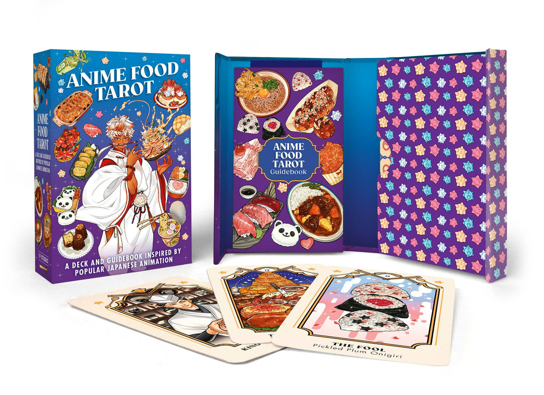 Anime Food Tarot deck set — magnetic keepsake box, full-color illustrated guidebook, and 78 tarot cards featuring iconic anime dishes