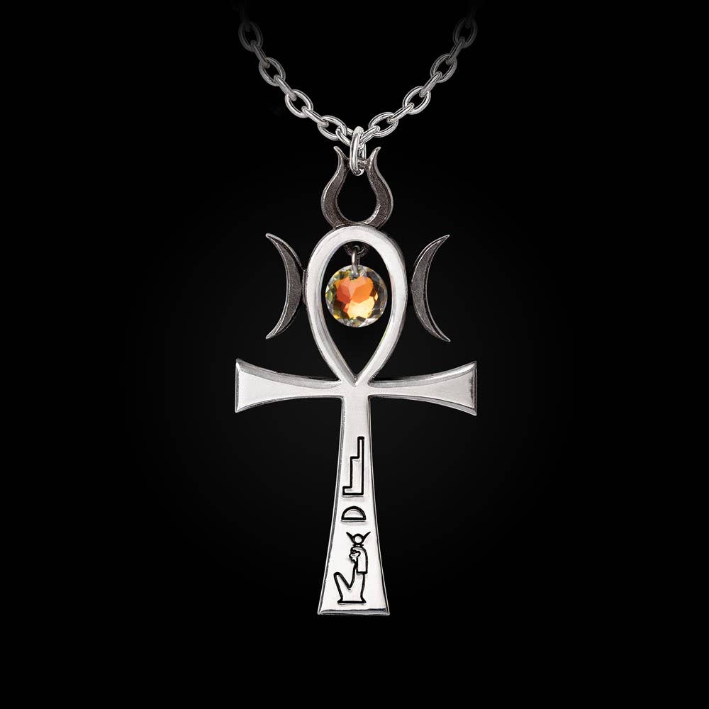 Close-up of Ankh pendant showing hieroglyphic inscriptions, Ra sun god symbols, and suspended Austrian crystal